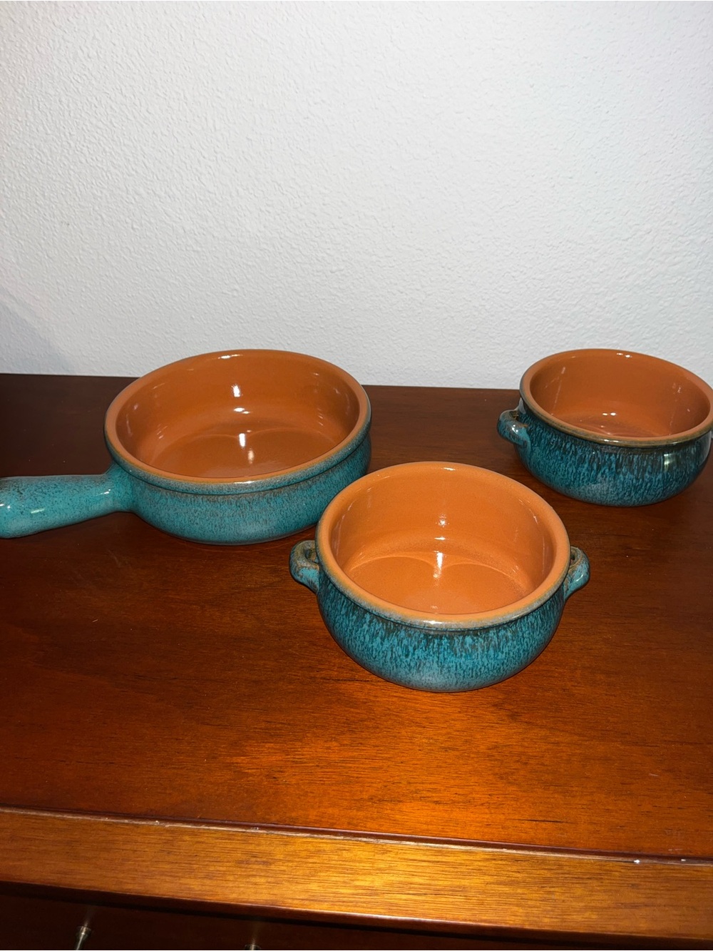 Glazed Terracotta 2 Serving Bowls and Skillet Set - Turquoise and
